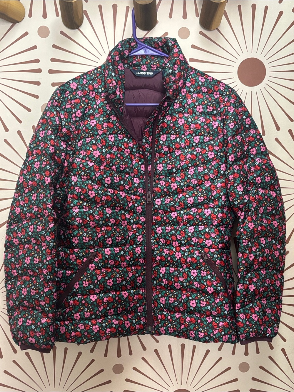 Lands' End Floral Quilted Puffer Jacket in Pink and Green - S